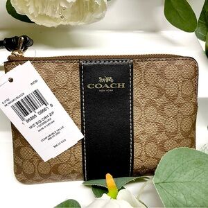 Coach Signature Brown PVC Leather Corner Zip Wristlet